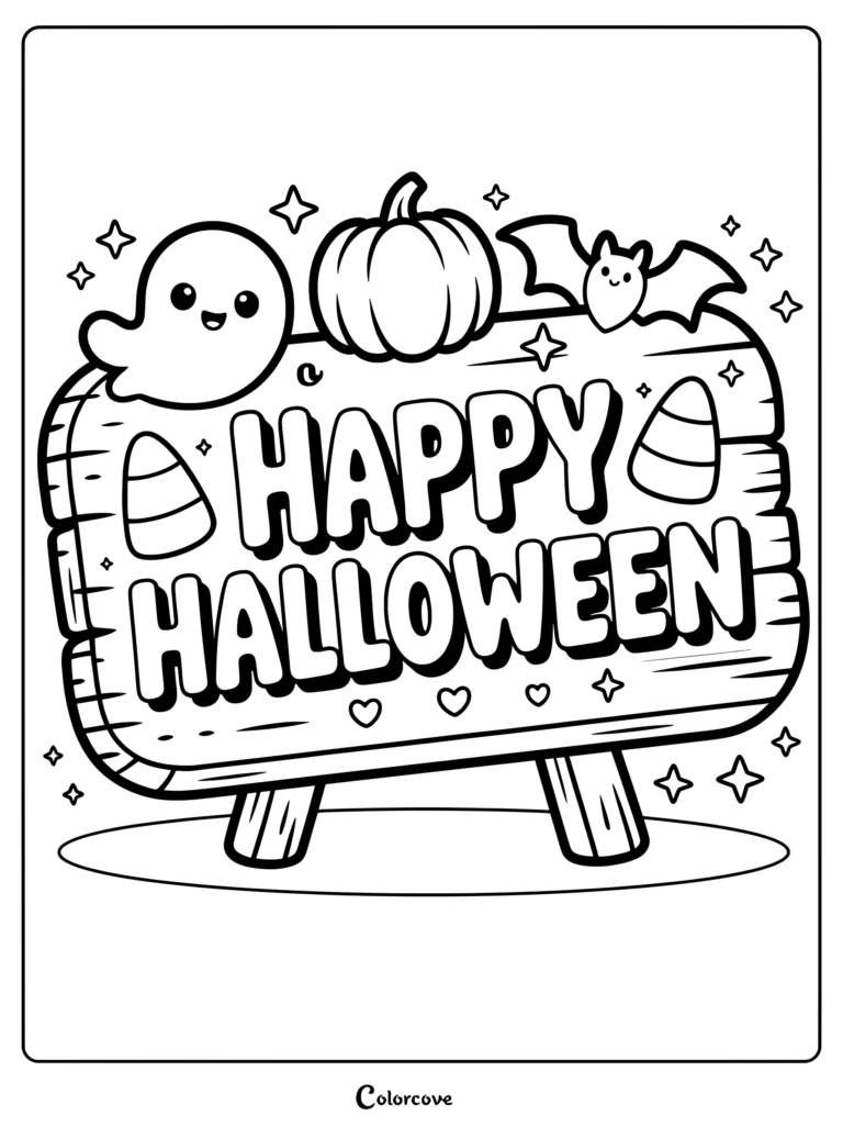 Cute ghost and bat decorating a Happy Halloween sign.