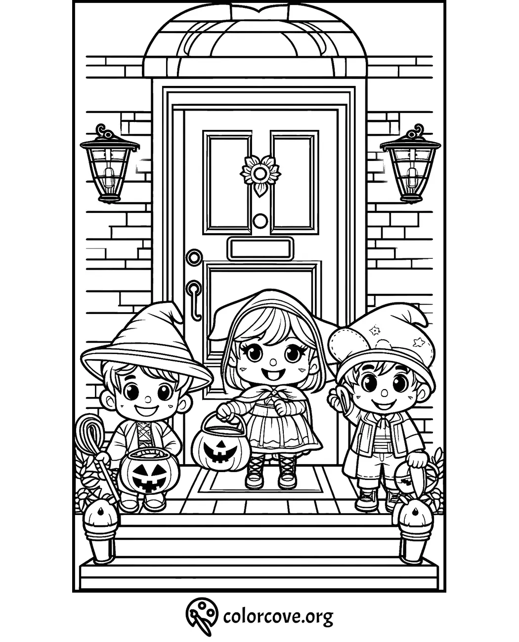 Three children in Halloween costumes holding pumpkin buckets stand in front of a decorated door with lanterns.