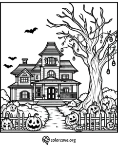 Halloween coloring page featuring a haunted house, spooky tree, bats, and jack-o'-lanterns in the yard.
