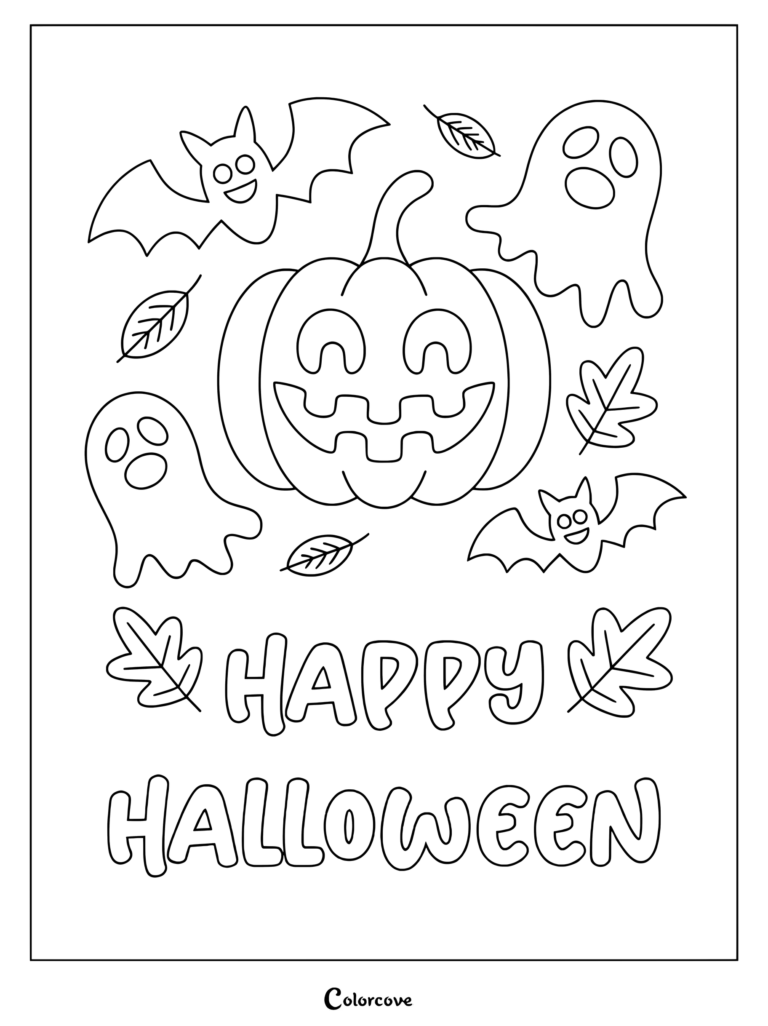 Jack-o'-lantern, ghosts, and bats surrounded by autumn leaves.