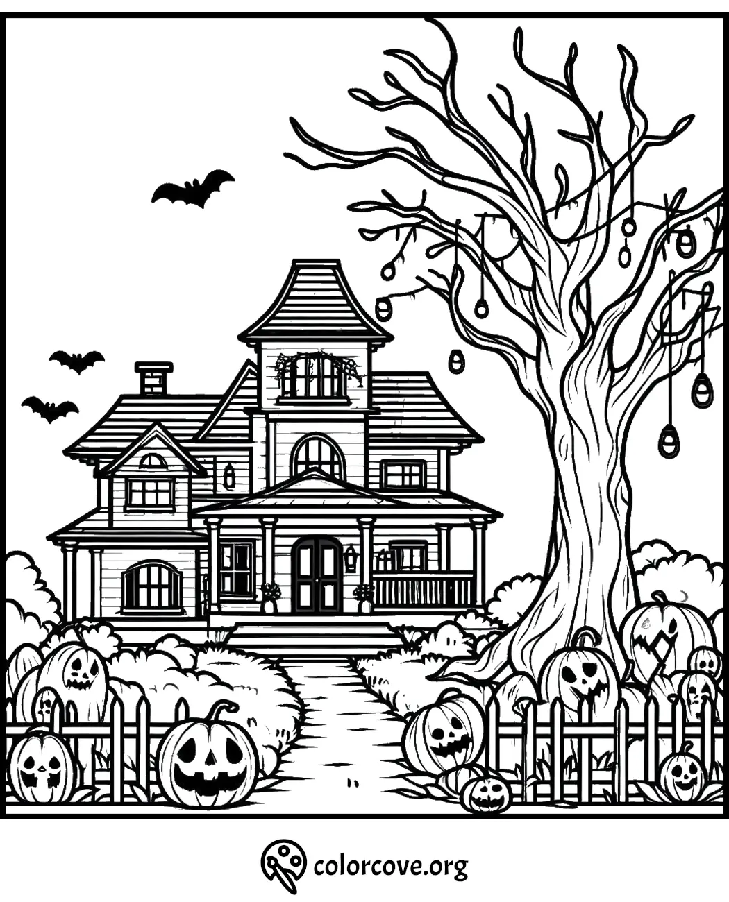 Halloween coloring page featuring a haunted house, spooky tree, bats, and jack-o'-lanterns in the yard.