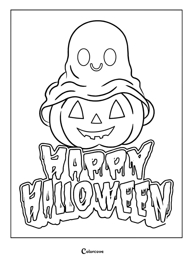 ghost wearing a jack-o'-lantern with spooky dripping text.