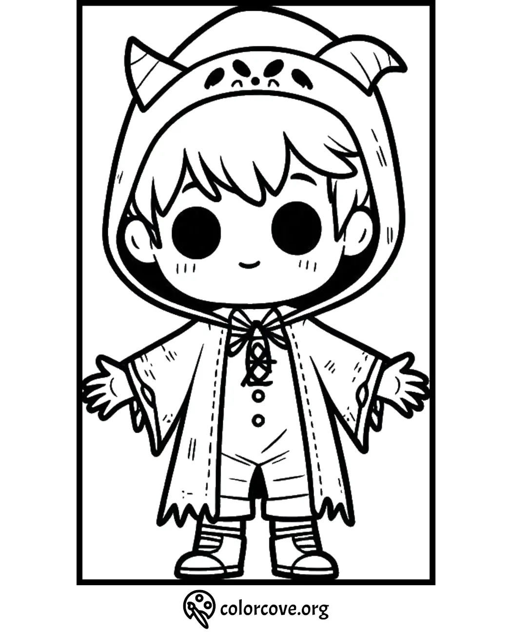 Chibi character in a cute hooded costume - free printable coloring page from colorcove.org, perfect for kids and crafts.