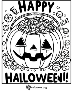 Halloween coloring page featuring a jack-o'-lantern candy bucket overflowing with candies, captioned Happy Halloween!