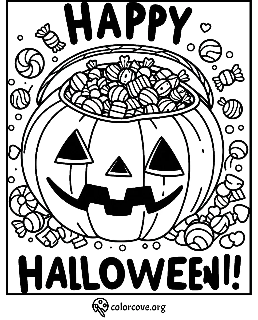 Halloween coloring page featuring a jack-o'-lantern candy bucket overflowing with candies, captioned Happy Halloween!