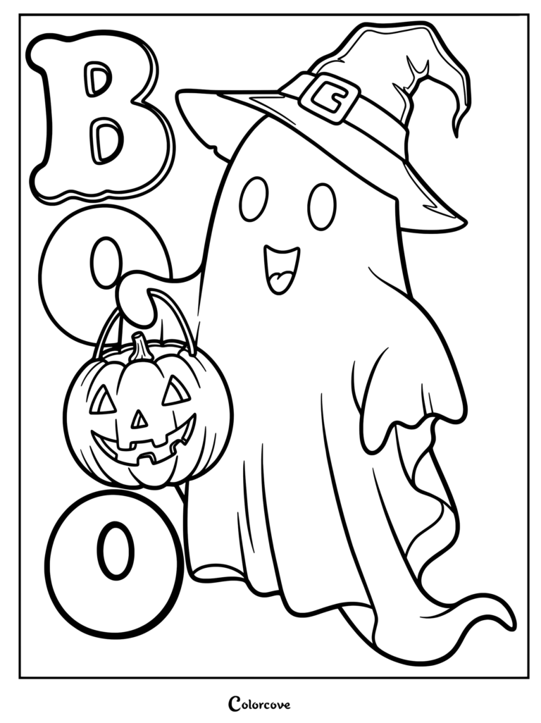 cheerful ghost in a witch hat holding a pumpkin.