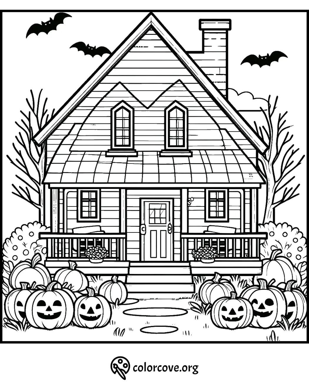 Halloween-themed coloring page of a house with pumpkins, jack-o'-lanterns, and bats. Perfect for kids to color.