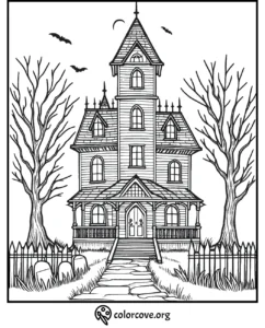 Coloring page of a spooky haunted house with bats, tombstones, and bare trees, perfect for Halloween fun from colorcove.org.