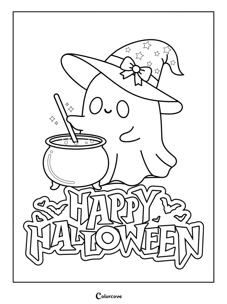 A cute ghost wearing a star-patterned witch hat with a bow, stirring a bubbling cauldron above Happy Halloween text on a coloring page.