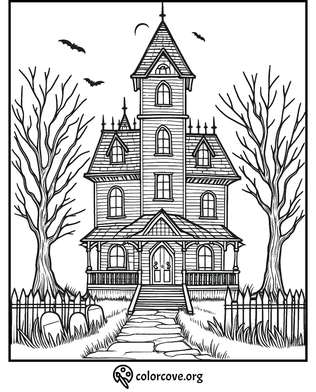 Coloring page of a spooky haunted house with bats, tombstones, and bare trees, perfect for Halloween fun from colorcove.org.