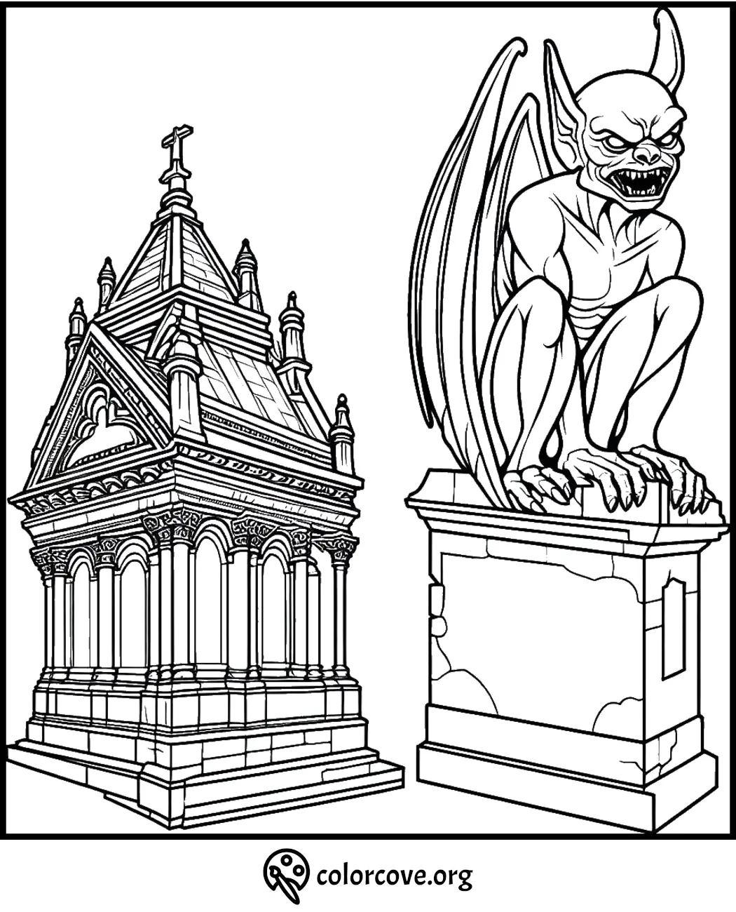 Coloring page of a Gothic mausoleum and a menacing gargoyle statue, marked by detailed architectural designs.