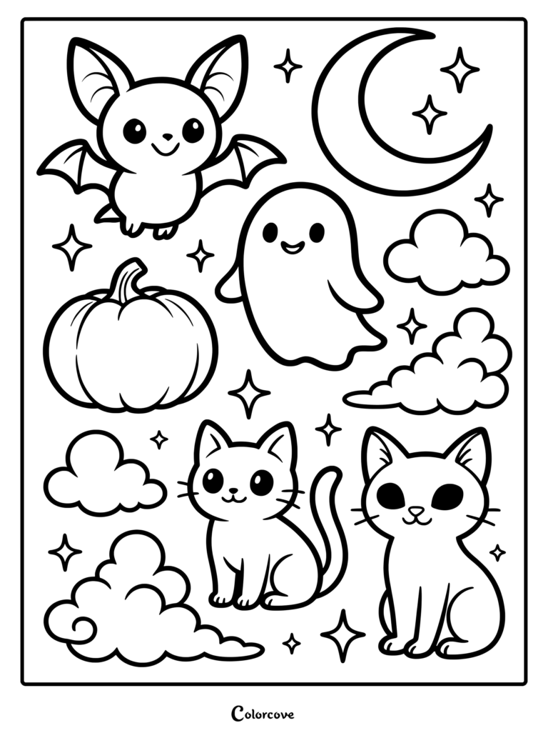 Bat, ghost, pumpkin, and two kittens under the moon.