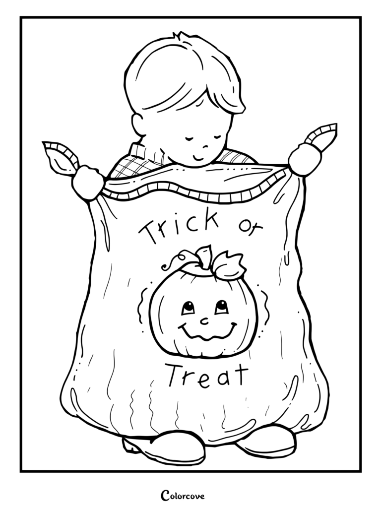 A young boy looking into a large Halloween trick or treat bag with a pumpkin design on this printable coloring page.