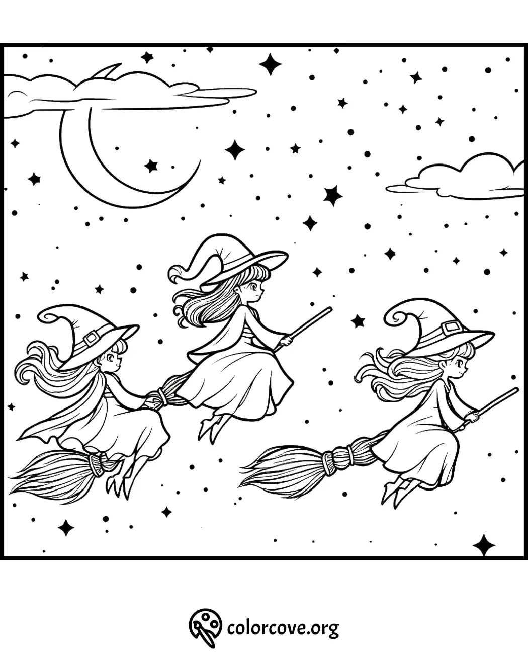 Three witches flying on broomsticks under a crescent moon and stars. Coloring page for Halloween fun.