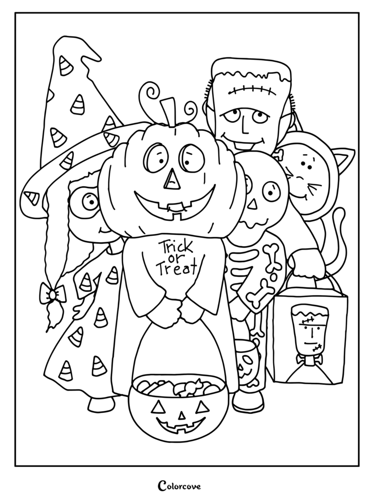 A group of children dressed as a witch, pumpkin, Frankenstein, skeleton, and cat holding a candy bucket for this Halloween coloring page.