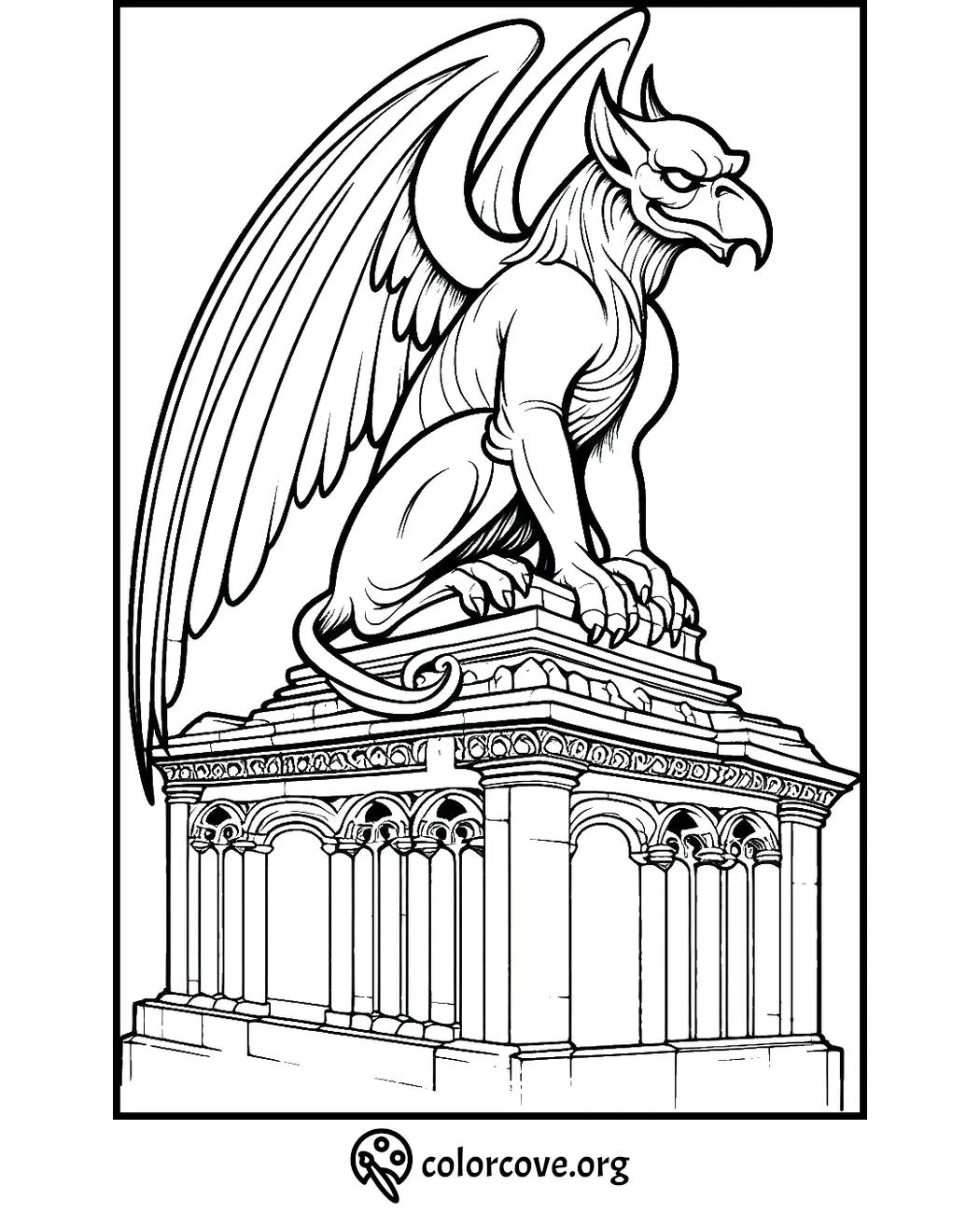 Coloring page featuring a detailed gargoyle perched on an ornate ledge with intricate architectural details.