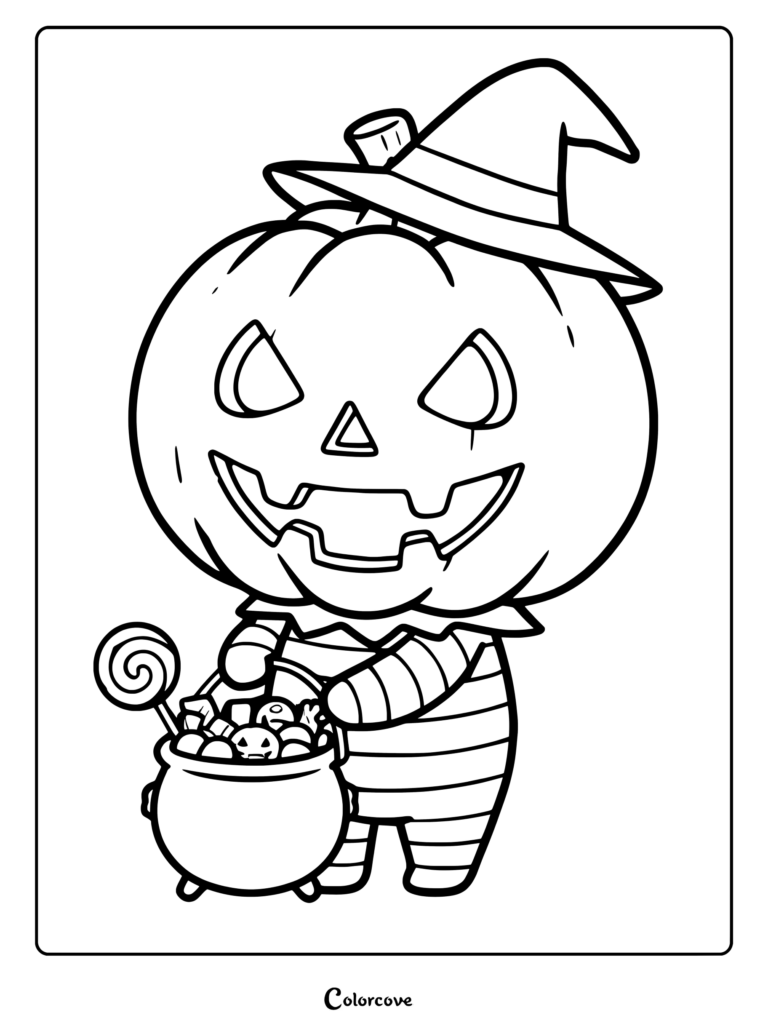 A cute Jack O'Lantern character wearing a witch hat and striped shirt holding a cauldron full of candy, Halloween coloring page.