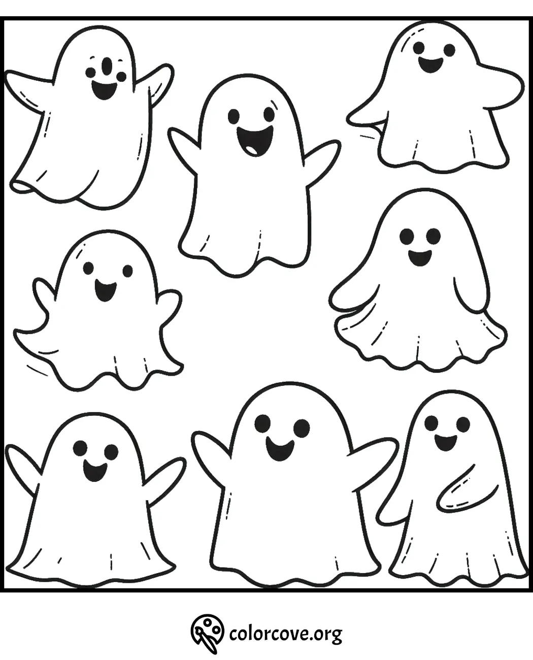 Cute ghost coloring page for kids, featuring seven happy ghosts with smiling faces. Perfect for Halloween activities.