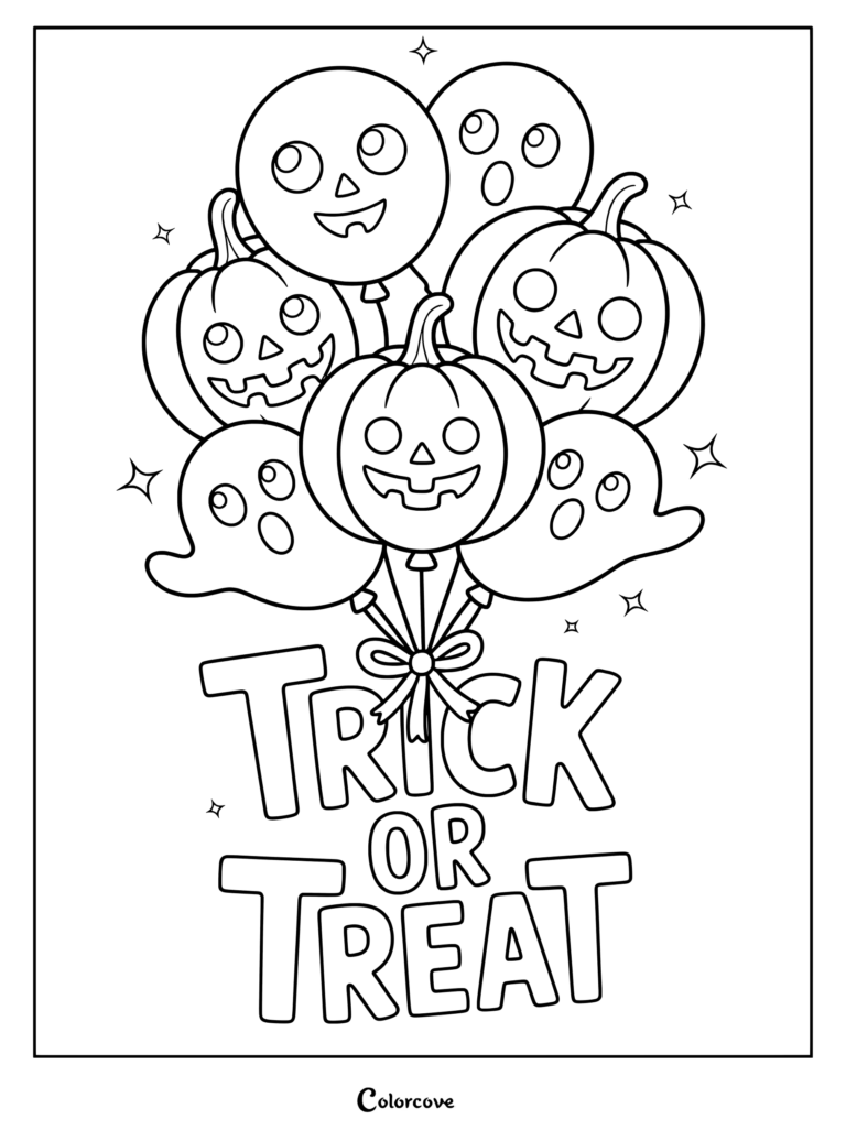 A festive Halloween coloring page featuring a bunch of balloons shaped like jack-o'-lanterns and ghosts tied together above the text Trick or Treat.