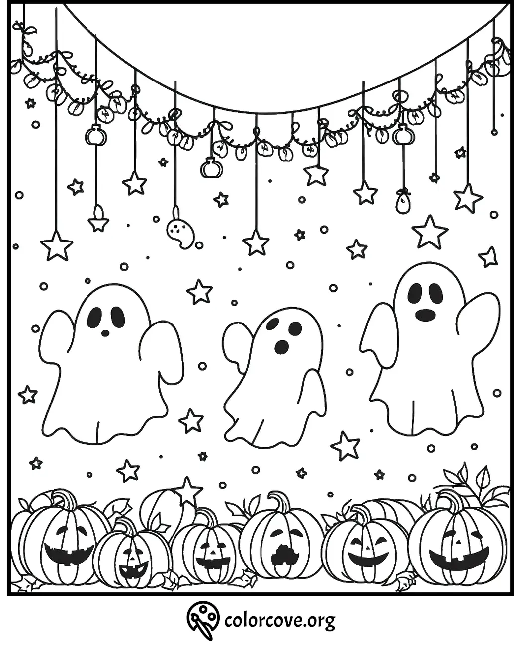 Halloween coloring page with floating ghosts, pumpkins, and stars under a string of hanging decorations.