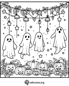 Halloween-themed coloring page with floating ghosts, hanging stars, and pumpkins with different expressions. ./colorcove.org