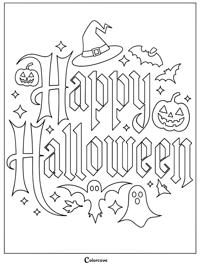 Happy Halloween typography coloring page featuring a witch hat, jack-o'-lanterns, bats, and ghosts surrounded by sparkling stars.