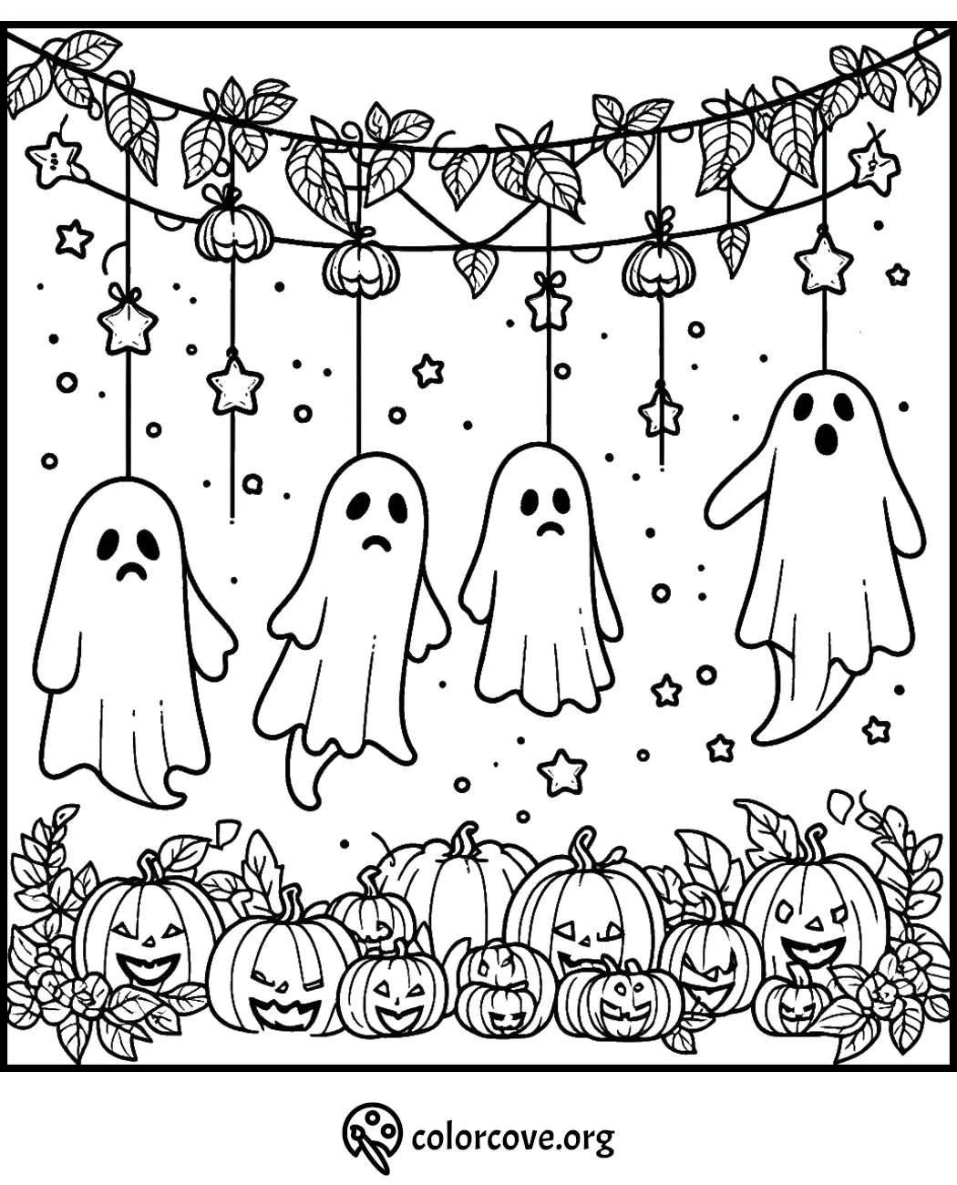 Halloween-themed coloring page with floating ghosts, hanging stars, and pumpkins with different expressions. ./colorcove.org