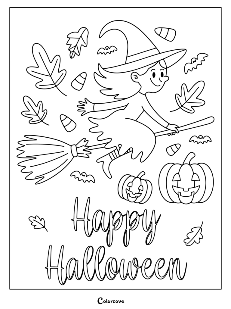 A smiling witch flying on a broomstick surrounded by bats, candy corn, autumn leaves, and jack-o'-lanterns in this Happy Halloween coloring page.