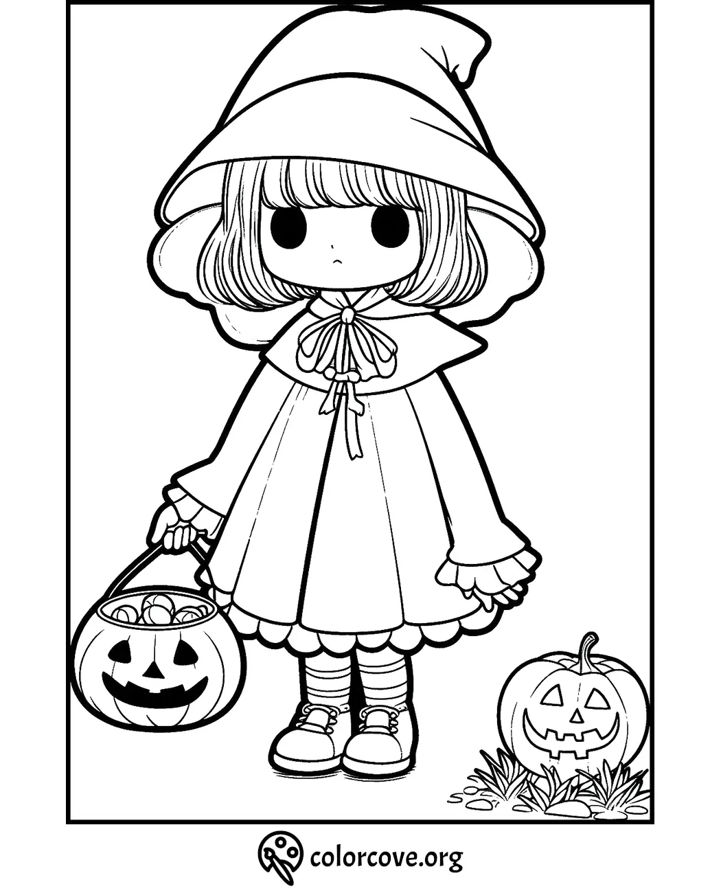 Halloween coloring page of a girl in witch costume holding a pumpkin candy bucket with smiling jack-o'-lanterns.