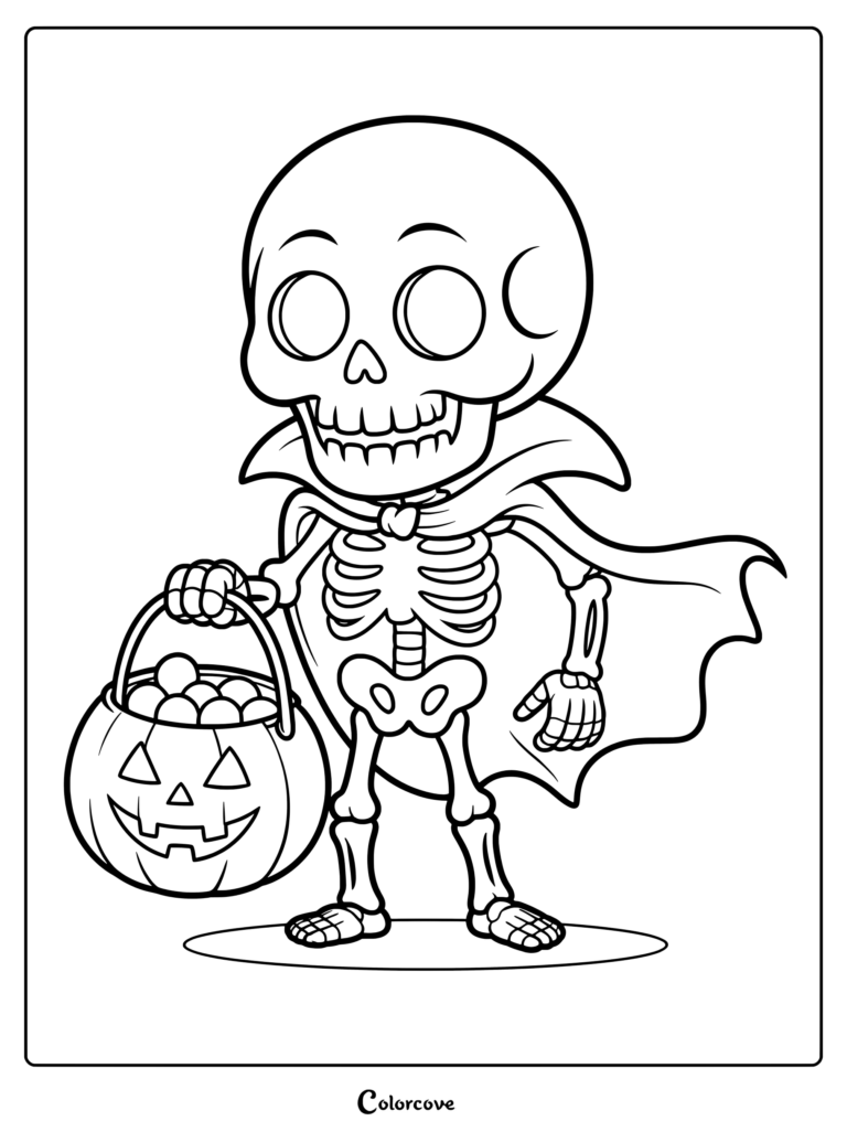 A cute skeleton wearing a cape and holding a jack-o'-lantern candy bucket in this Halloween coloring page.