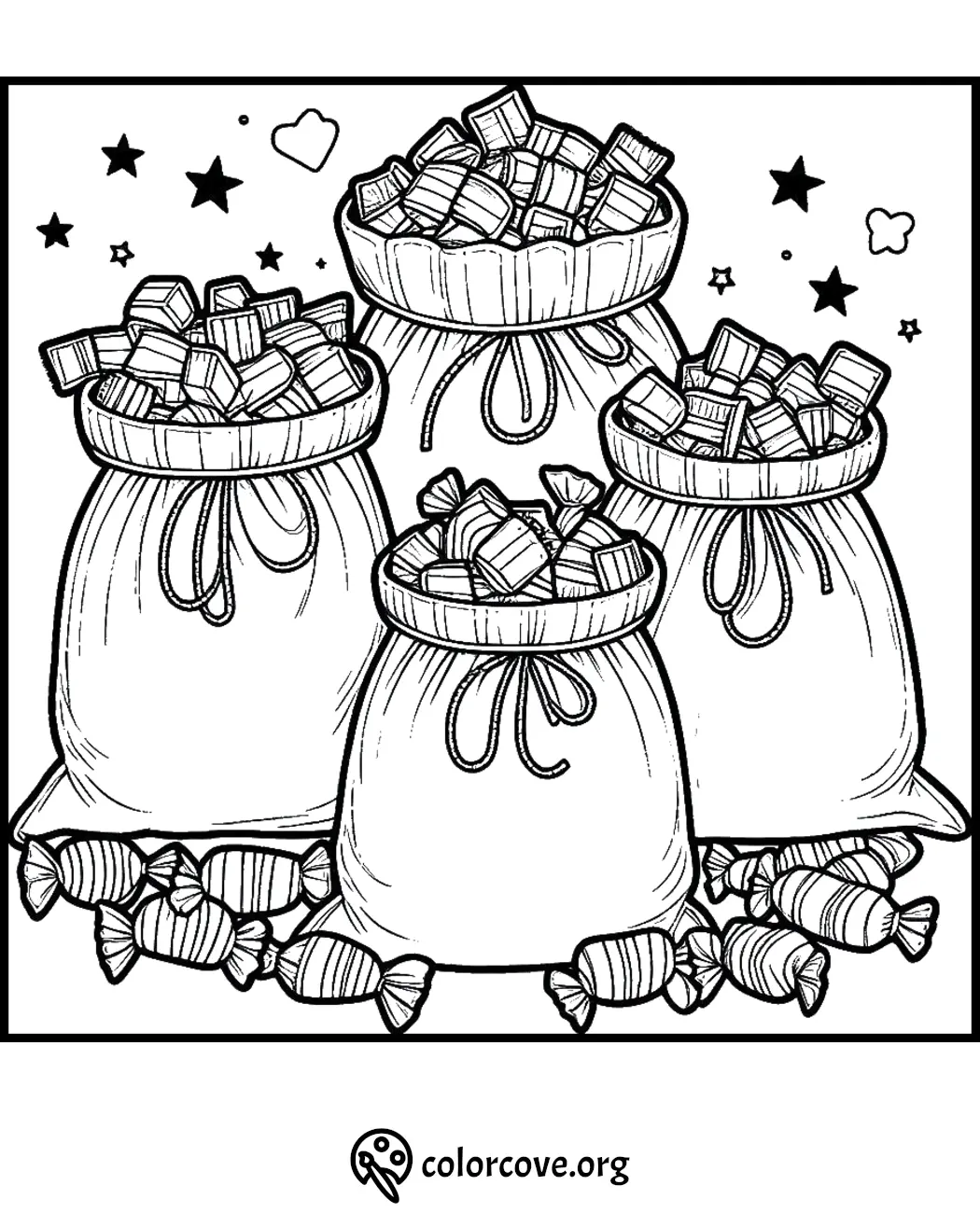 Four large sacks filled with candy, surrounded by wrapped candies and stars. Coloring page by colorcove.org.