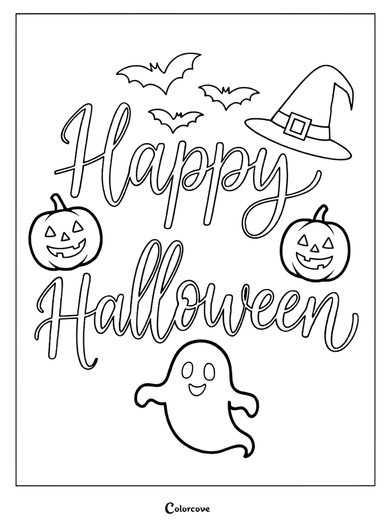 Ghost, jack-o'-lanterns, and witch hat with Happy Halloween text.