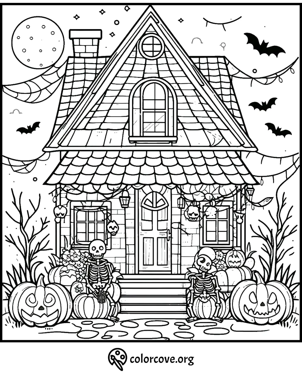 Halloween coloring page featuring a spooky house with pumpkins, skeletons, bats, and cobwebs. Ideal for kids and adults.