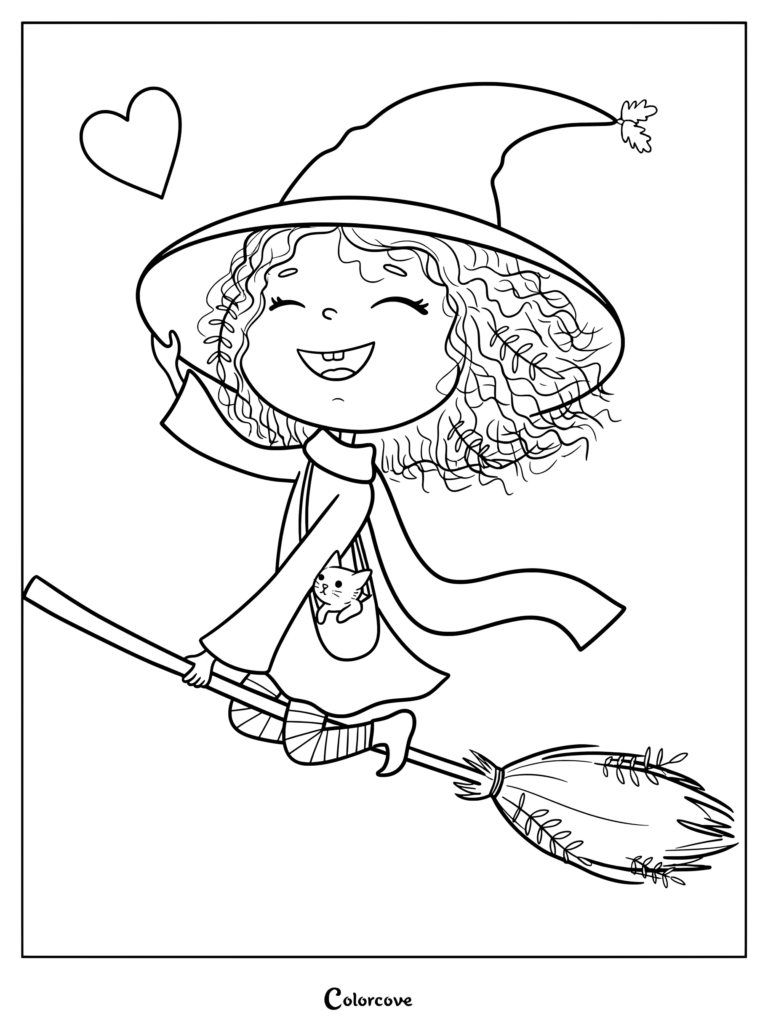 A curly-haired little witch wearing a pointed hat and scarf flying on a broomstick with a kitten in her bag, coloring page style.