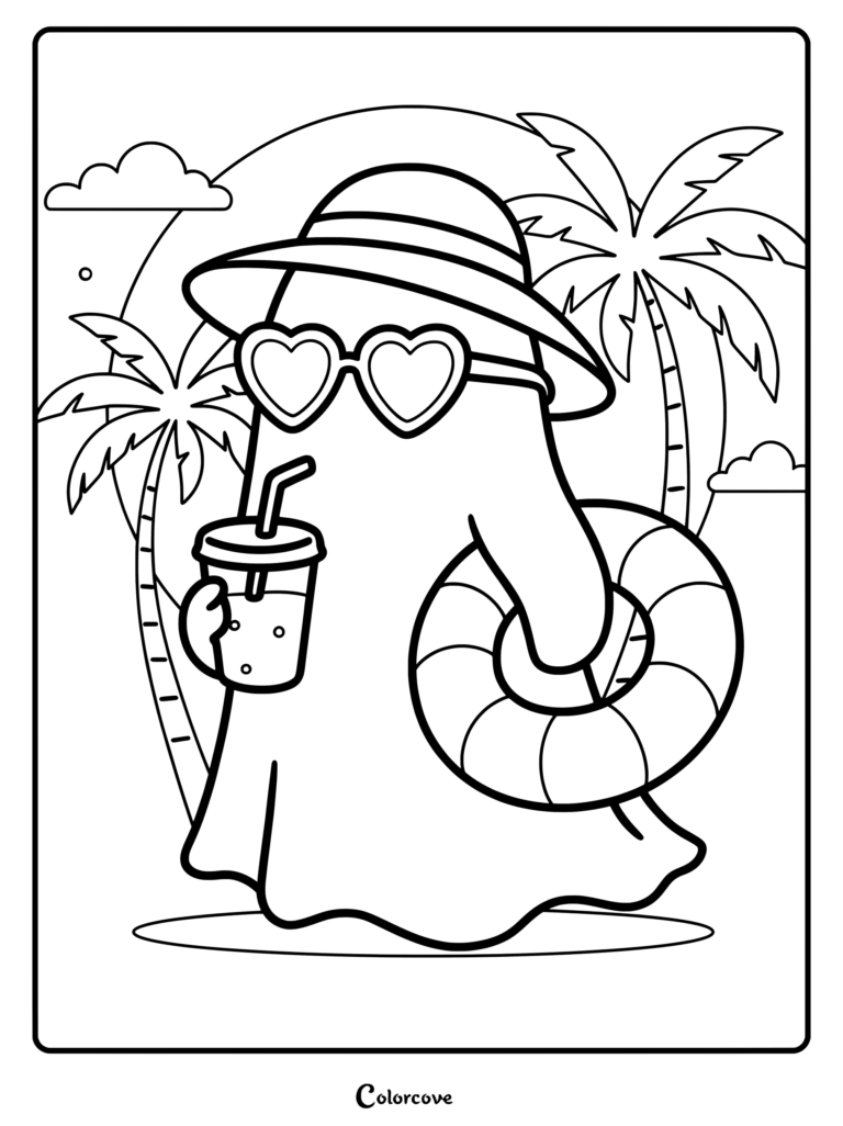 A cute ghost wearing a sun hat and heart-shaped sunglasses holding a drink and a pool floatie on a tropical beach coloring page.