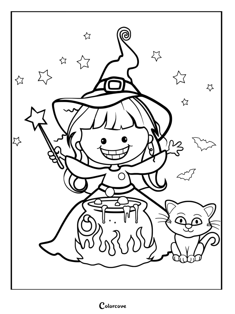 A cute little witch holding a star wand next to a bubbling cauldron and a cat, Halloween coloring page.