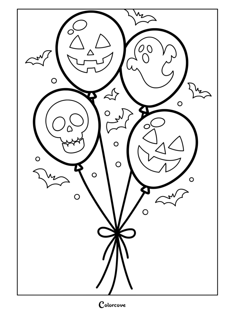A Halloween coloring page featuring a bunch of balloons decorated with a jack-o'-lantern, a ghost, and a skull, surrounded by flying bats.