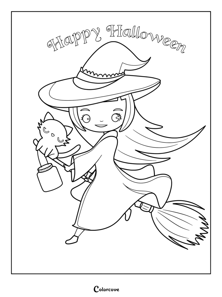 A cute little witch wearing a pointed hat flying on a broomstick while holding a cat and a glass jar, Happy Halloween coloring page.