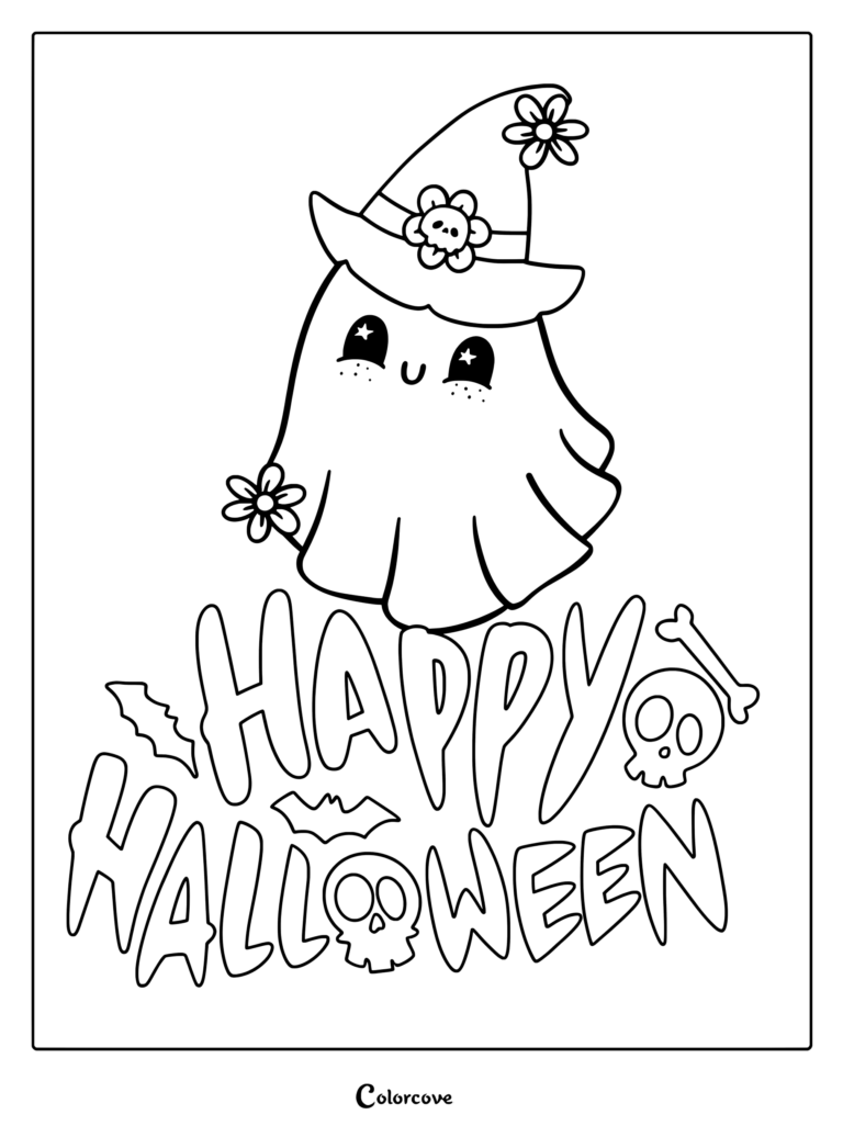 A cute ghost wearing a flower-adorned witch hat holding a flower above Happy Halloween text with skulls, bones, and bats in this coloring page.