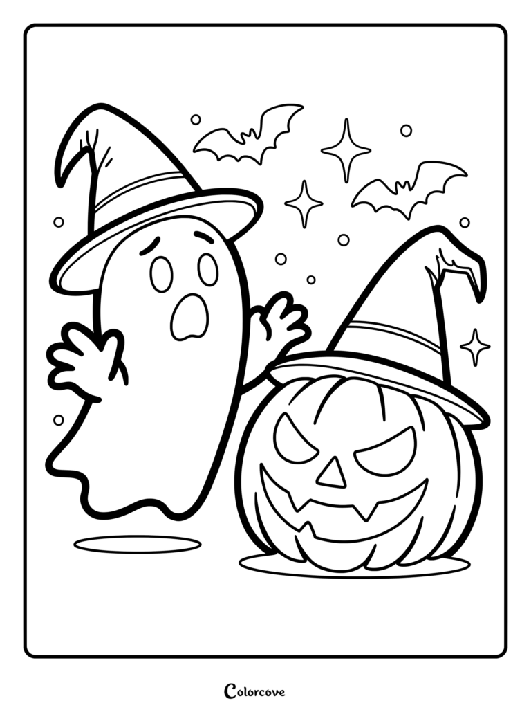 surprised ghost and a spooky pumpkin wearing witch hats.