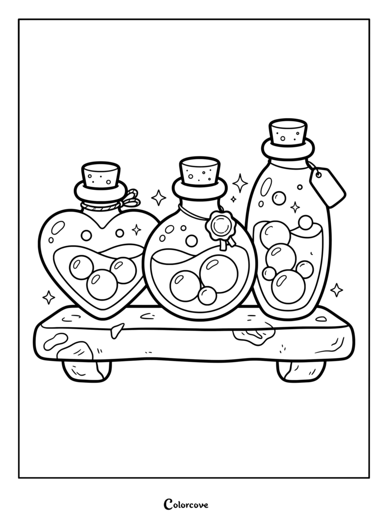 Three magical potion bottles with bubbles on a wooden shelf, Halloween coloring page with heart-shaped, round, and tall glass vials.