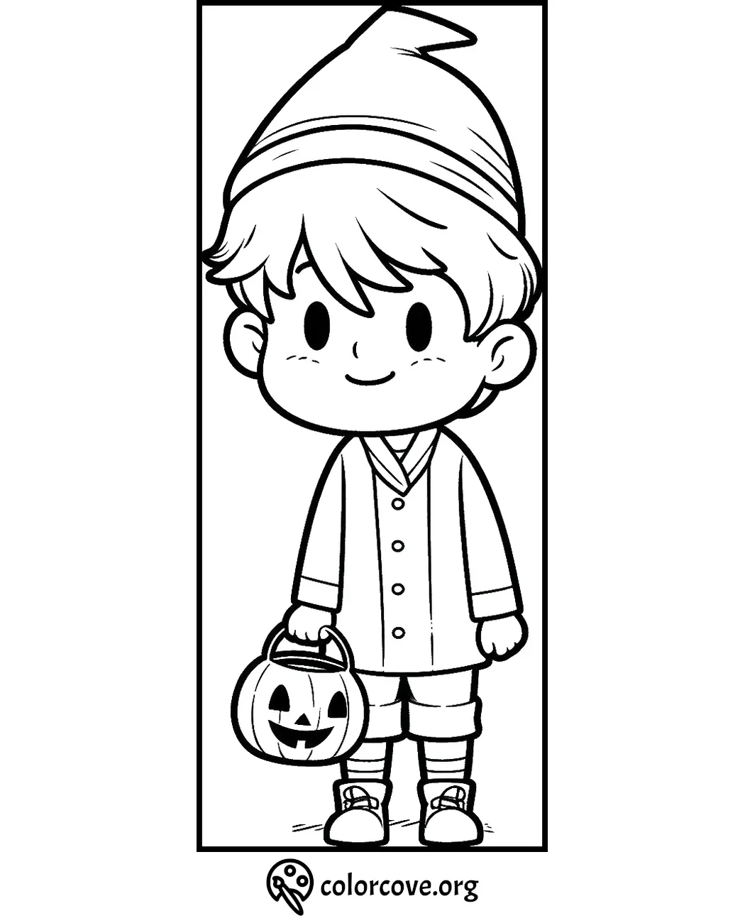 Cute Halloween coloring page featuring a child in costume holding a jack-o'-lantern bucket. Perfect for kids to color.