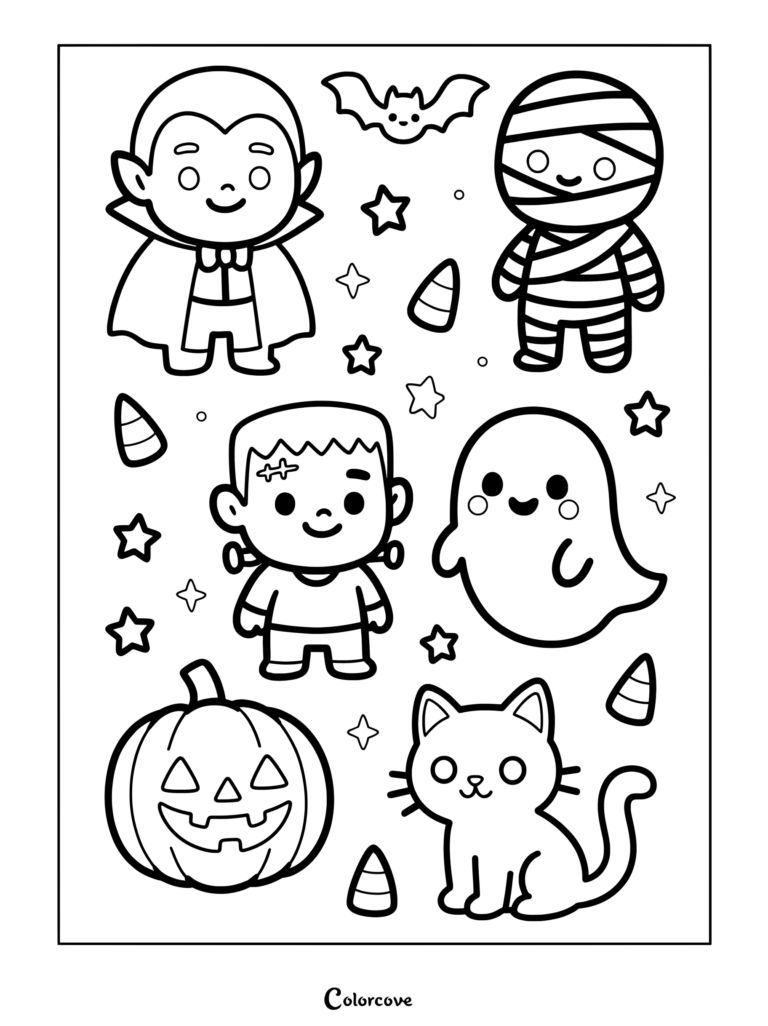 Kawaii Halloween characters and festive icons in line art.