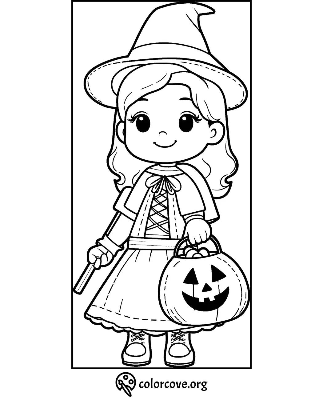 Cute witch coloring page for kids featuring a witch with a pumpkin bucket. Perfect for Halloween coloring fun!