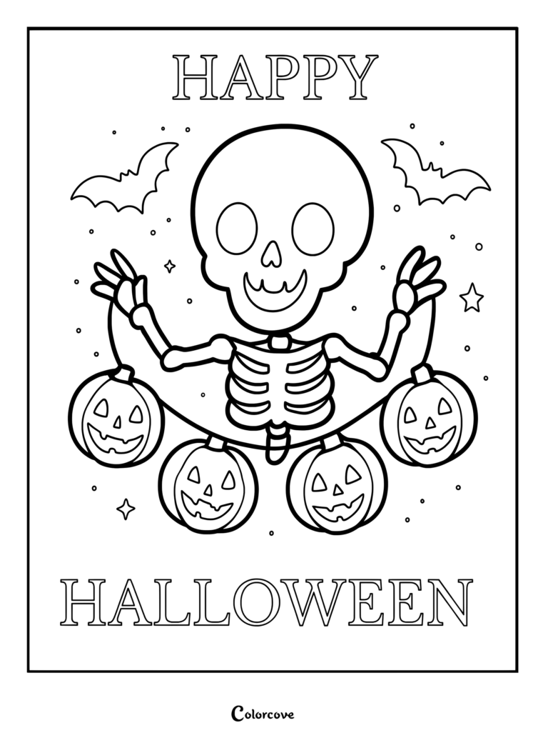 A cute skeleton holding a string of four jack-o'-lanterns with bats and stars in this Halloween coloring page.