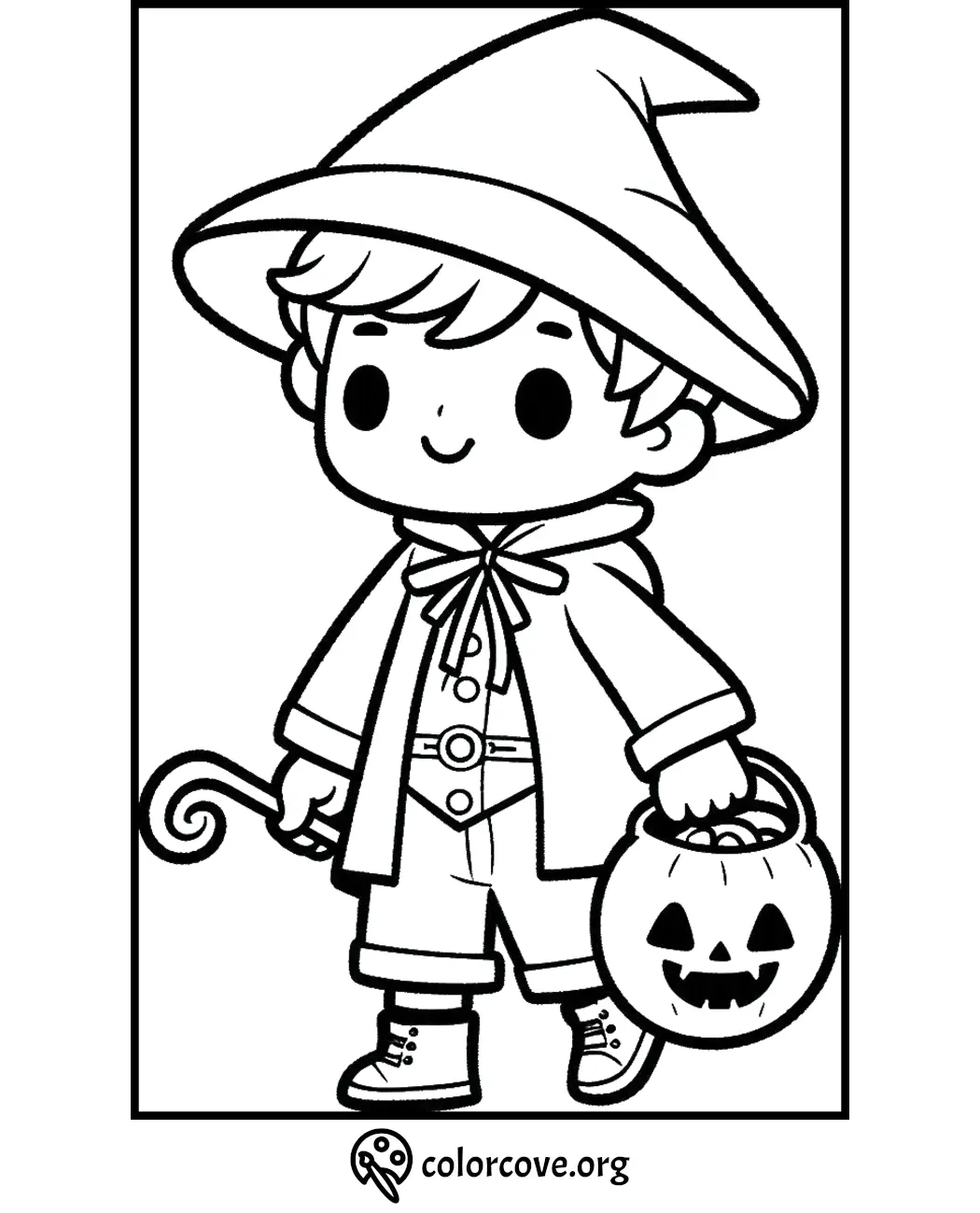 Cute kid in a wizard costume holding a pumpkin candy bucket - Halloween coloring page, black and white.