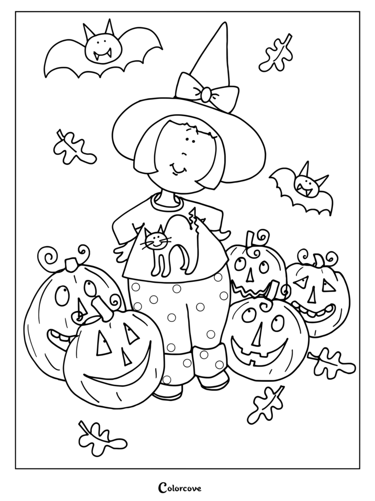 A girl wearing a witch hat and cat shirt standing among several carved jack-o'-lanterns with bats and autumn leaves, a printable Halloween coloring page.