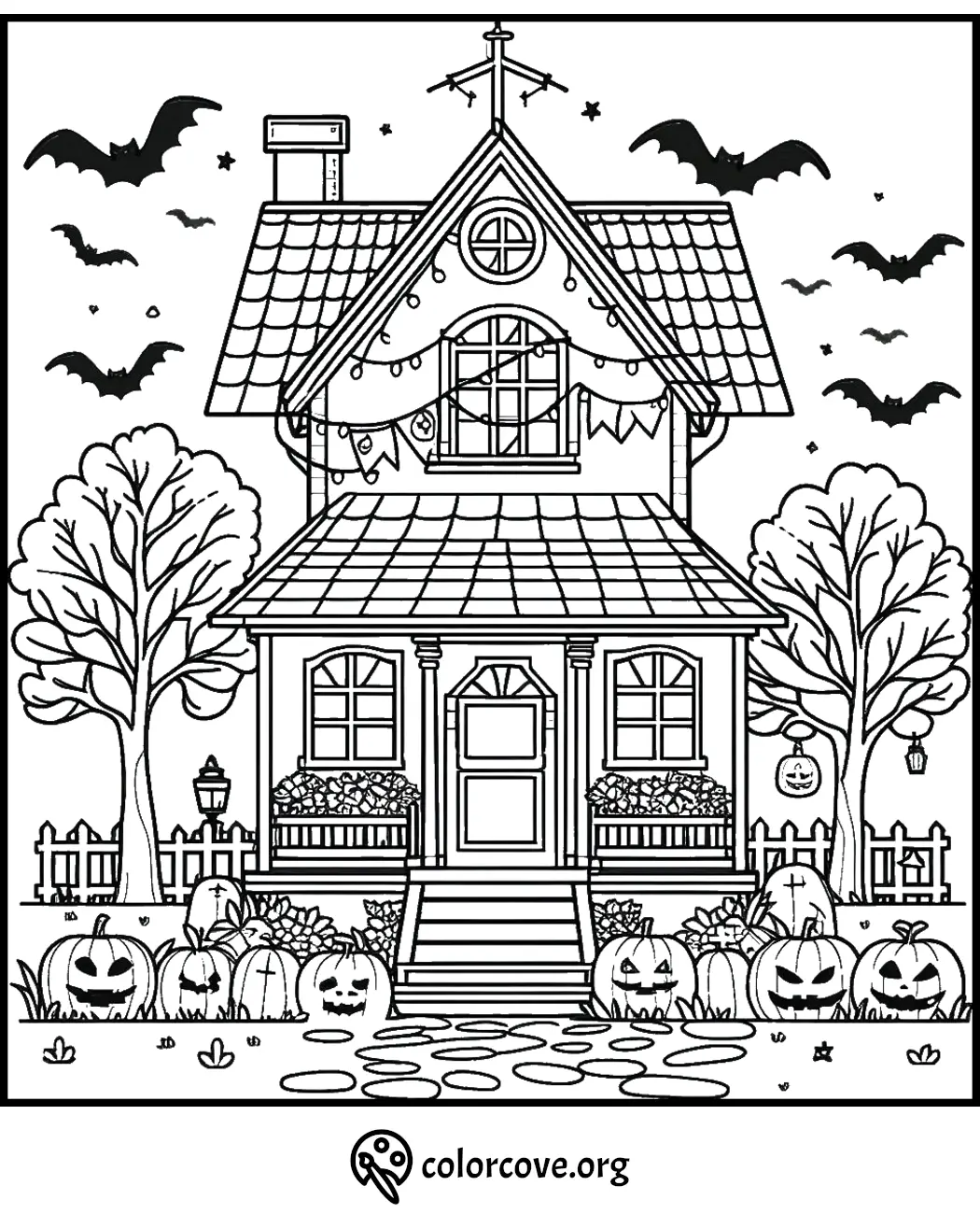 Halloween-themed coloring page of a haunted house with bats, trees, and scary pumpkins. Colorcove.org logo at the bottom.