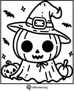 Halloween coloring page featuring a cute pumpkin wearing a witch hat and cloak with bats and pumpkins in the background.