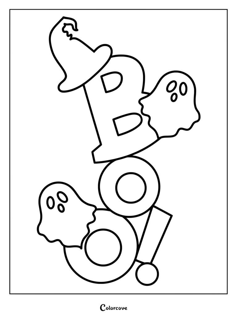 Boo word art coloring page featuring a witch hat on the letter B and two friendly ghosts.